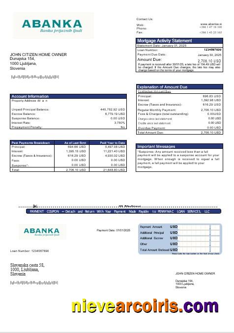 Slovenia Abanka bank mortgage statement